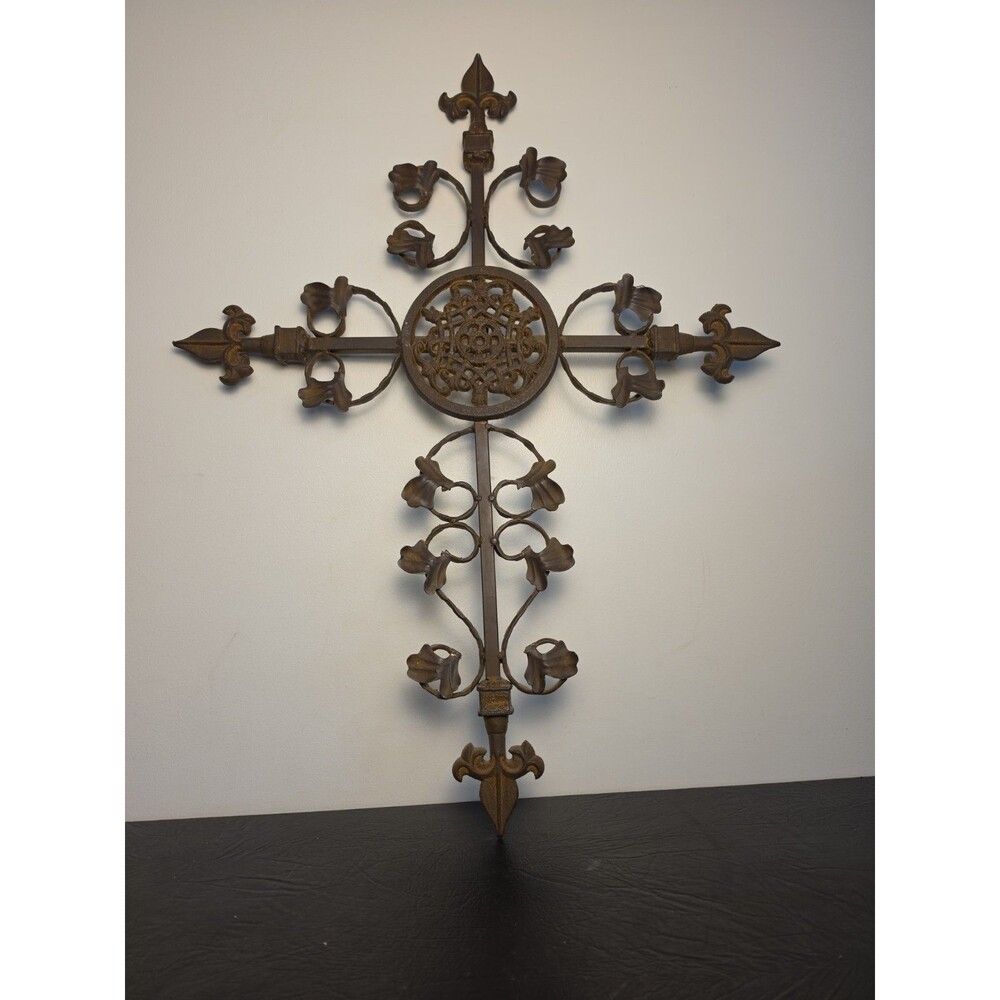 Vintage Heavy Cast Iron Cross Ornate Large 29.5" Garden Home Cemetery Decor Wall